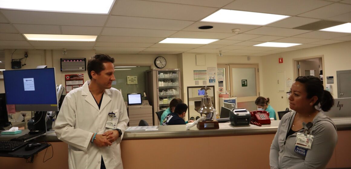 BURN CENTER Two health care workers standing inside a hospital in San Jose, California