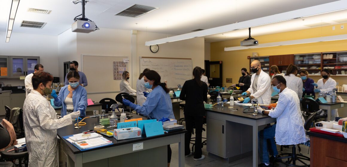 Community college students in a microbiology class