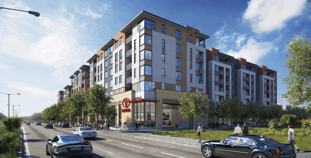 A virtual rendering of a seven-story apartment complex with a Toyota store on the ground floor