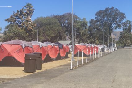 A row of tents at a sanctioned homeless encampment in San Jose, California