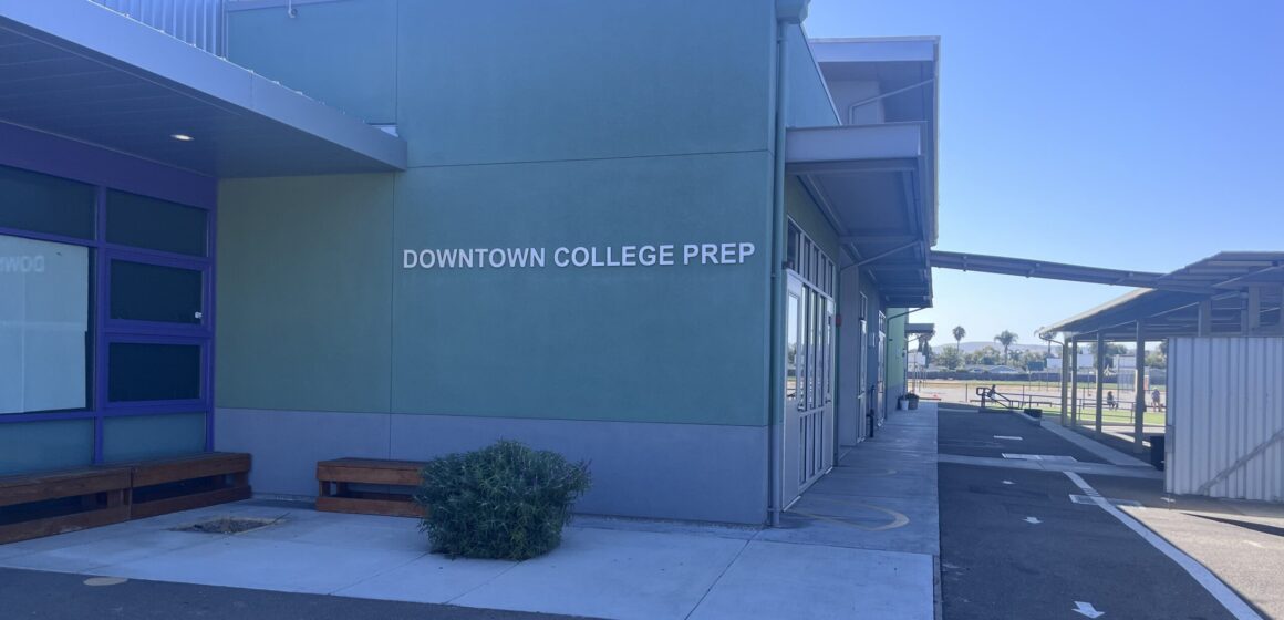 The exterior of a vacant school building in San Jose, California