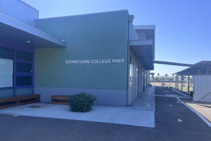The exterior of a vacant school building in San Jose, California
