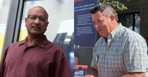 A split image of two men on the right and left sides of the image