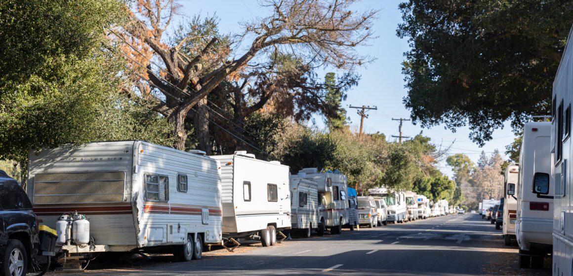 RVs line a street in Mountain View, California