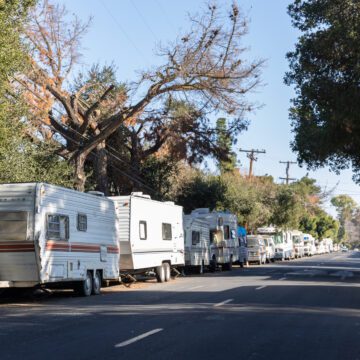 RVs line a street in Mountain View, California
