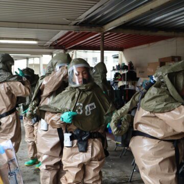 DISASTER People in hazmat suits run a drill for a potential chemical attack in San Jose, California