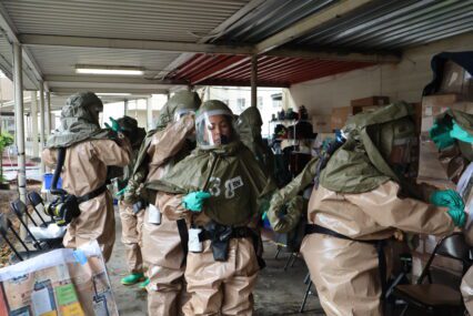 People in hazmat suits run a drill for a potential chemical attack in San Jose, California