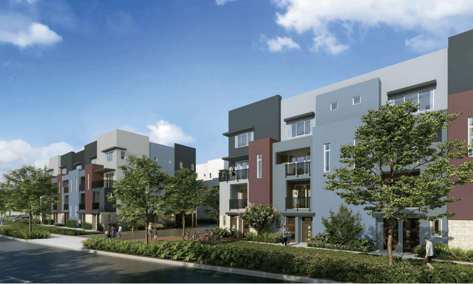 A virtual rendering of a four-story townhome development