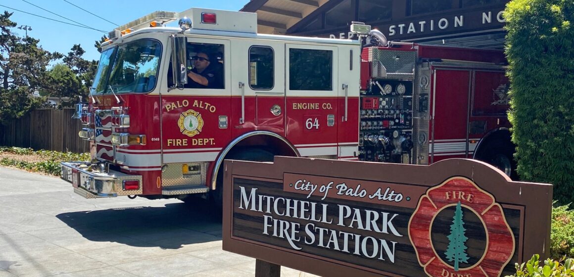 A fire truck parked in the driveway of a fire station in Palo Alto, California