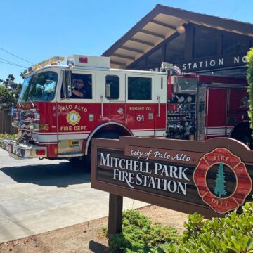 Palo Alto fire station Embarcadero A fire truck parked in the driveway of a fire station in Palo Alto, California