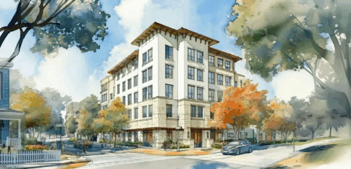 Palo Alto Embarcadero rendering of a large apartment building