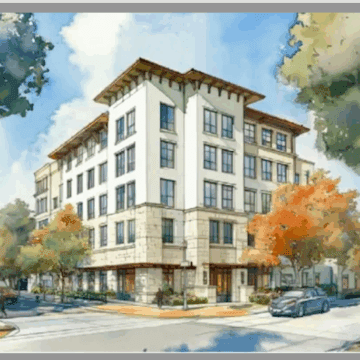 Palo Alto Embarcadero rendering of a large apartment building