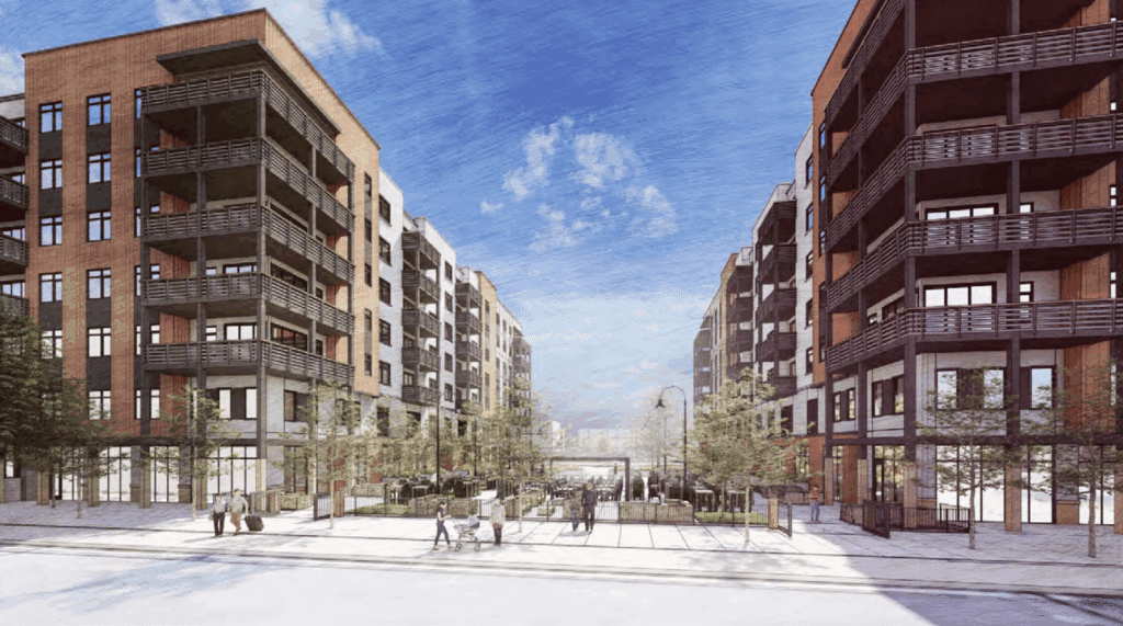 A virtual rendering of two seven-story buildings with a communal space in the middle.