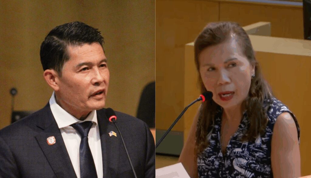 A split image of a man and woman at a city government meeting in San Jose, California