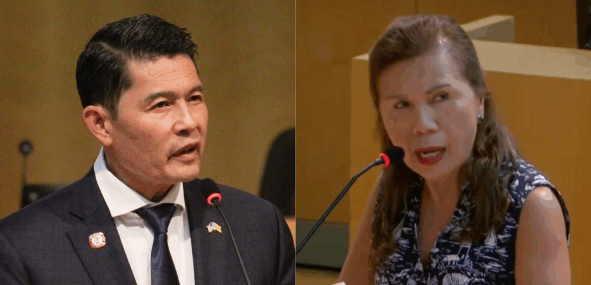 A split image of a man and woman at a city government meeting in San Jose, California