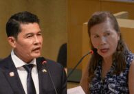 A split image of a man and woman at a city government meeting in San Jose, California