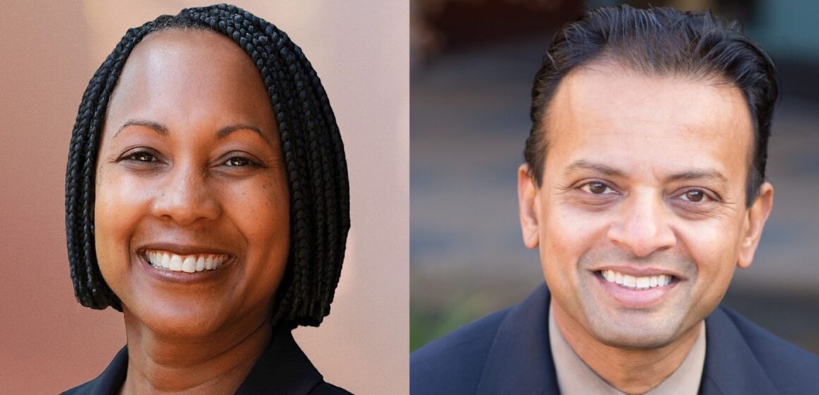 A split photo of a woman and a man