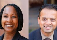 A split photo of a woman and a man