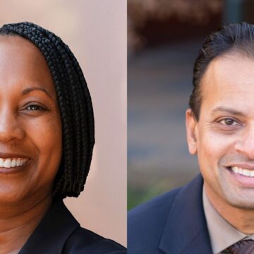 A split photo of a woman and a man