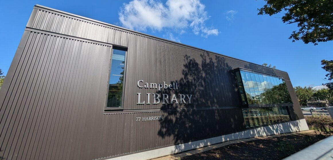 The exterior of a modern library in Campbell, California