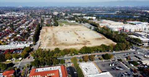An aerial view of a plot of land in Cupertino, California