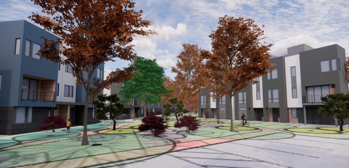 Palo Alto townhomes Embarcadero A rendering of a proposed housing development in Palo Alto, California