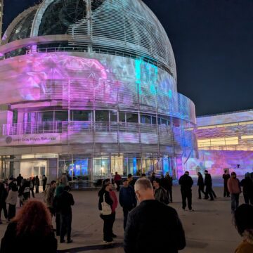 City Hall lights A crowd at San Jose City Hall in the evening
