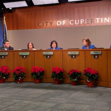 People sitting behind a dais at a government meeting in Cupertino, California