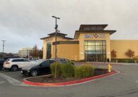 The parking lot and exterior of a casino card room in San Jose, California
