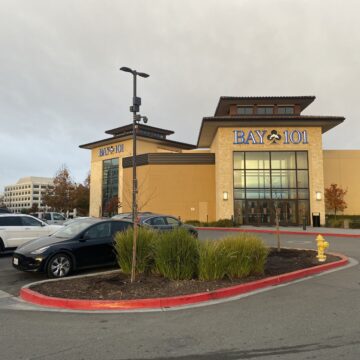 The parking lot and exterior of a casino card room in San Jose, California