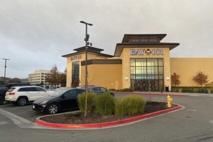 The parking lot and exterior of a casino card room in San Jose, California