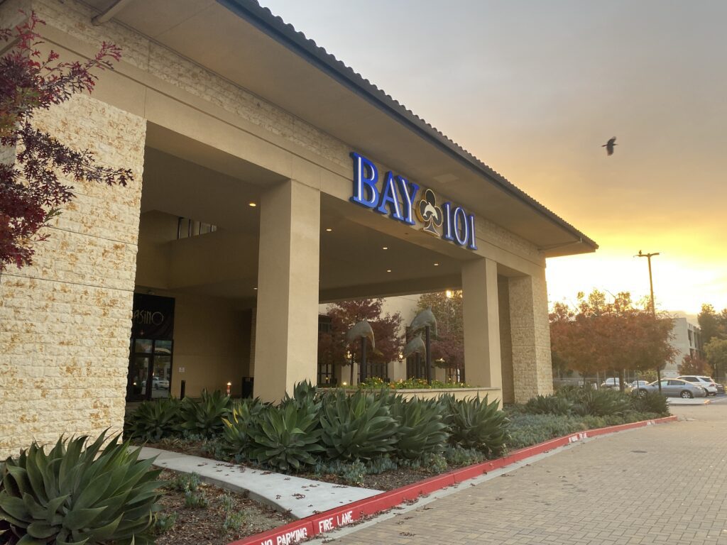 The parking lot and exterior of a casino card room in San Jose, California