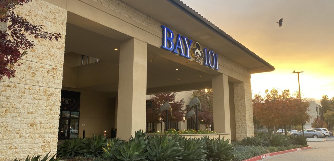 The parking lot and exterior of a casino card room in San Jose, California