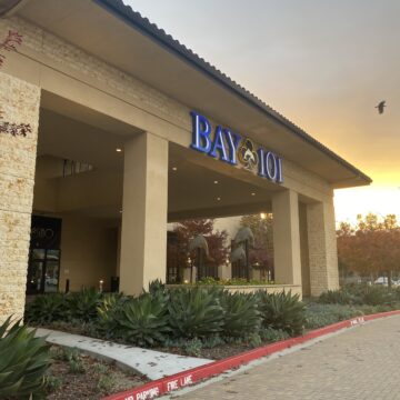 The parking lot and exterior of a casino card room in San Jose, California