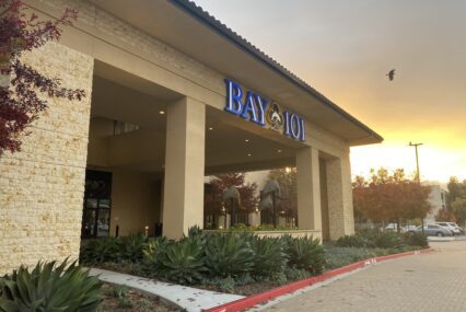 The parking lot and exterior of a casino card room in San Jose, California