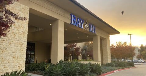 The parking lot and exterior of a casino card room in San Jose, California