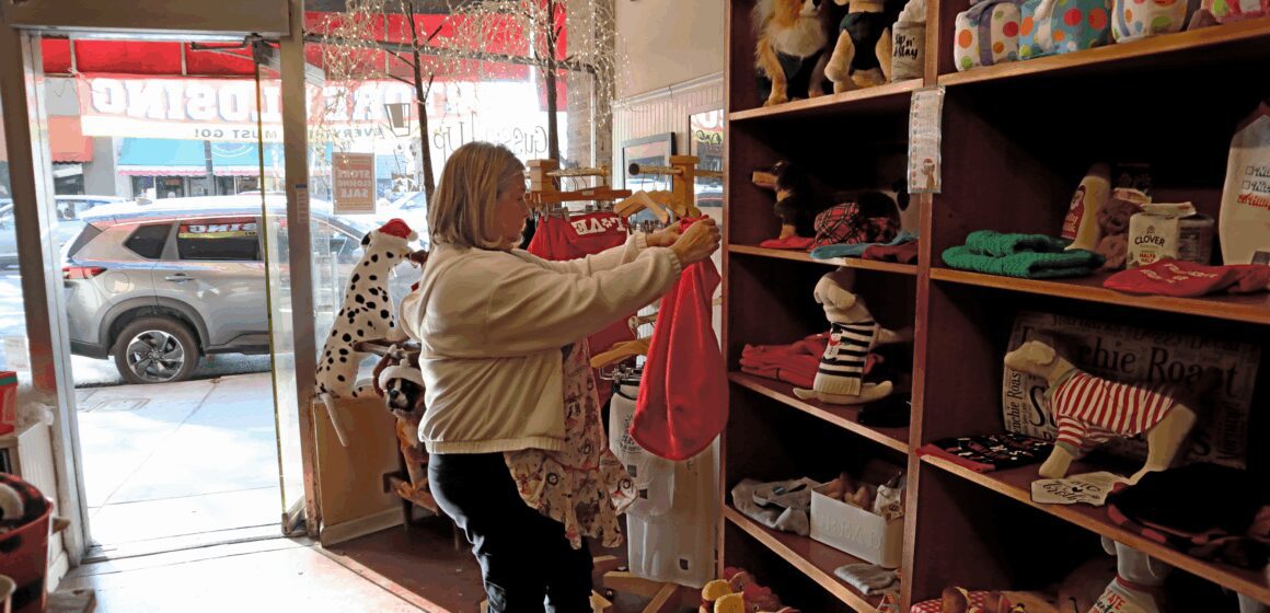 Photo of Kim Kipsett — a woman with a blonde bob wearing a white jacket and holiday apron — folding a dog outfit near the front of the dog boutique. The shelves are lined with stuffed dogs wearing outfits and other toys for pets