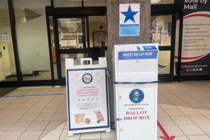 A mail-in ballot drop box at the county elections office in San Jose, California
