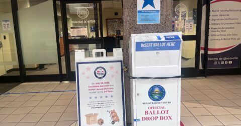 A mail-in ballot drop box at the county elections office in San Jose, California