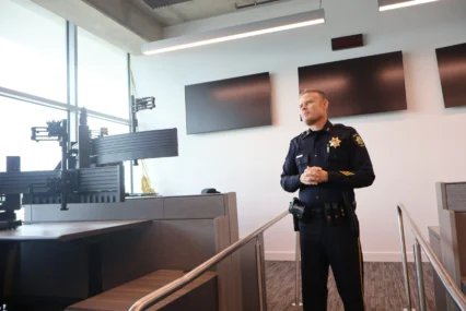 Un oficial de policía en un centro de despacho en Palo Alto, California.