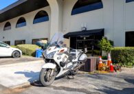 A police motorcycle parked outside in Cupertino, California