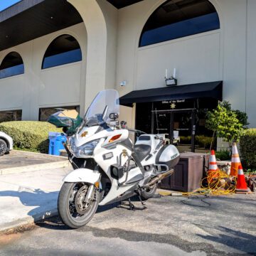 A police motorcycle parked outside in Cupertino, California
