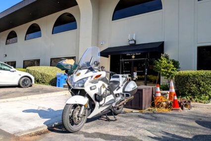 A police motorcycle parked outside in Cupertino, California