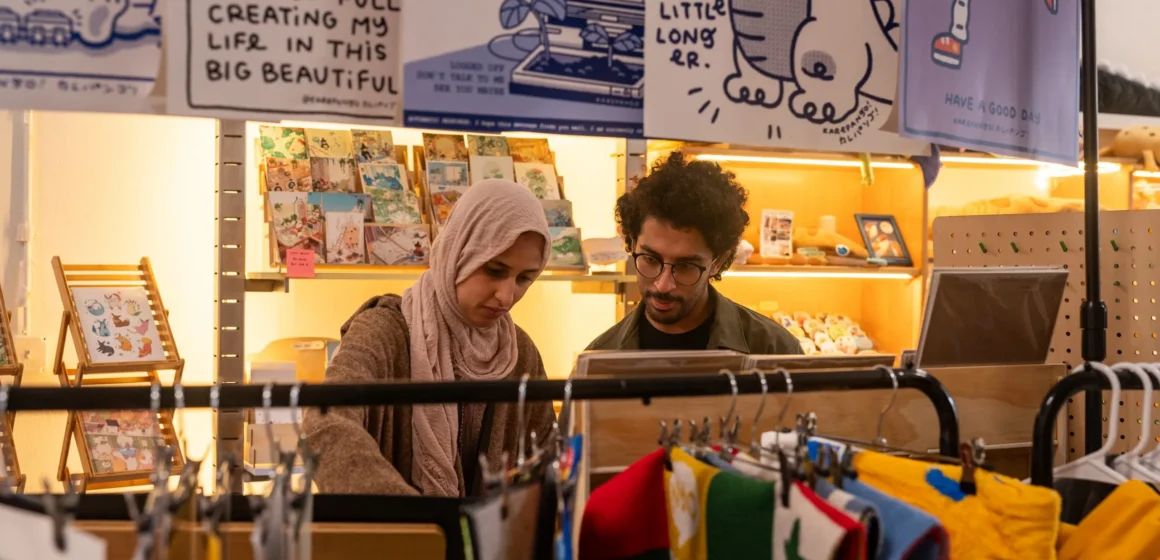 A woman and man browsing in a pop-up store in Mountain View, California