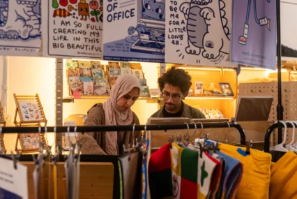 A woman and man browsing in a pop-up store in Mountain View, California