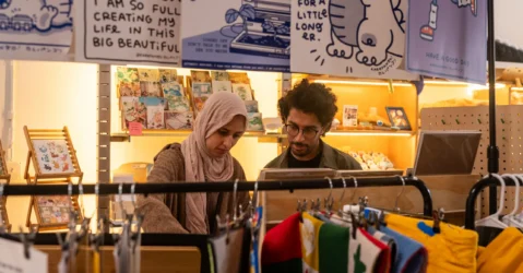 A woman and man browsing in a pop-up store in Mountain View, California