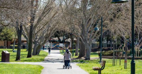 A person pushing a stroller on a path in a park in Mountain View, California