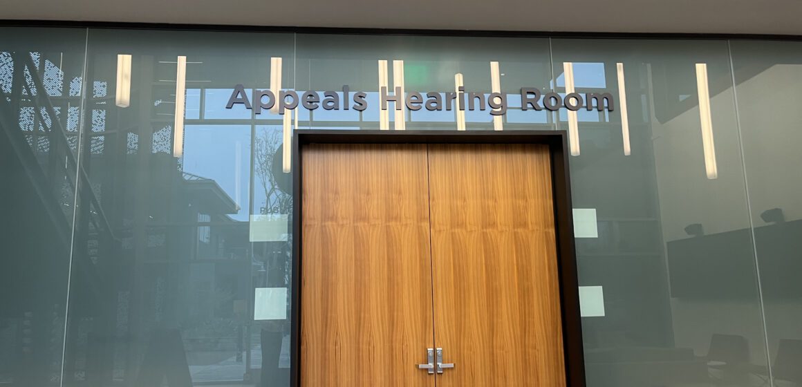 The doors to an appeals hearing room