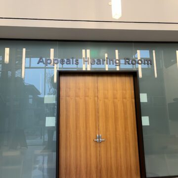 The doors to an appeals hearing room