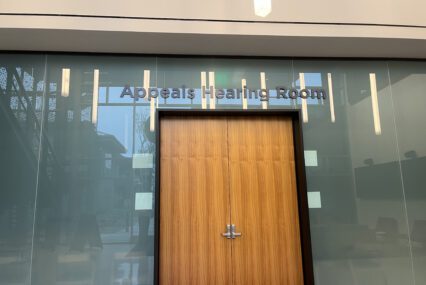 The doors to an appeals hearing room